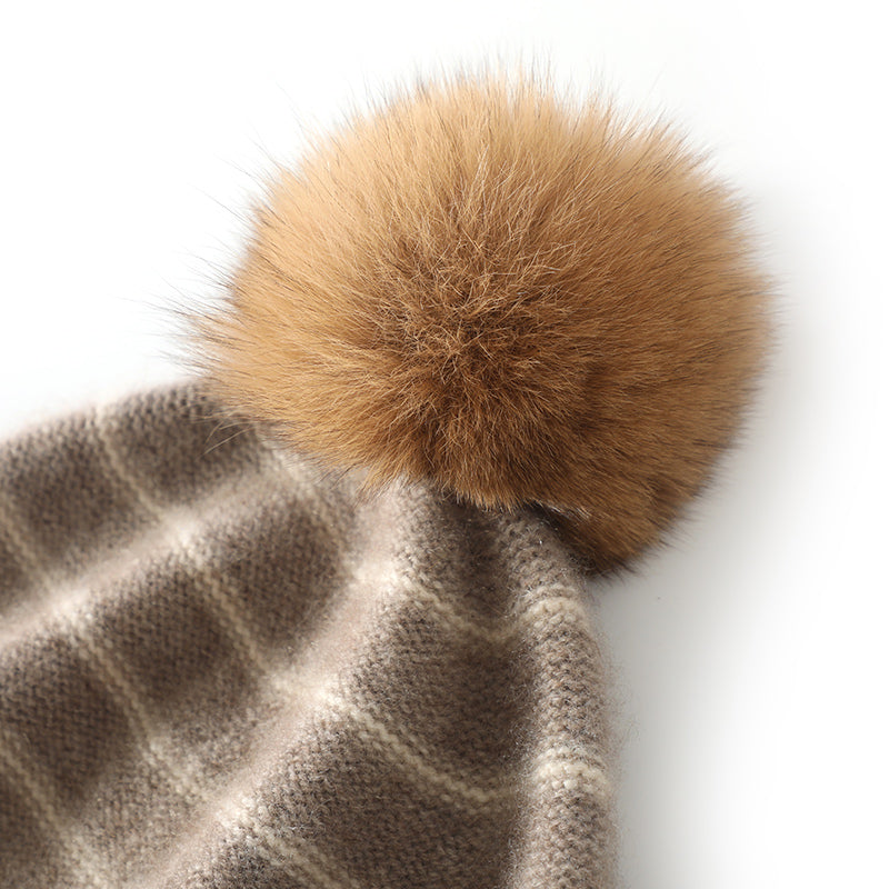 100% Camel Striped Cashmere Earflap Hat